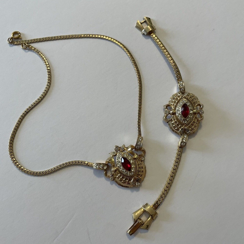 Vtg. Gold Tone Art Deco Red Rhinestone Statement Necklace & Bracelet Set